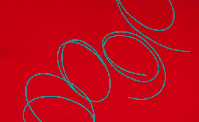 red painting with blue looping lines